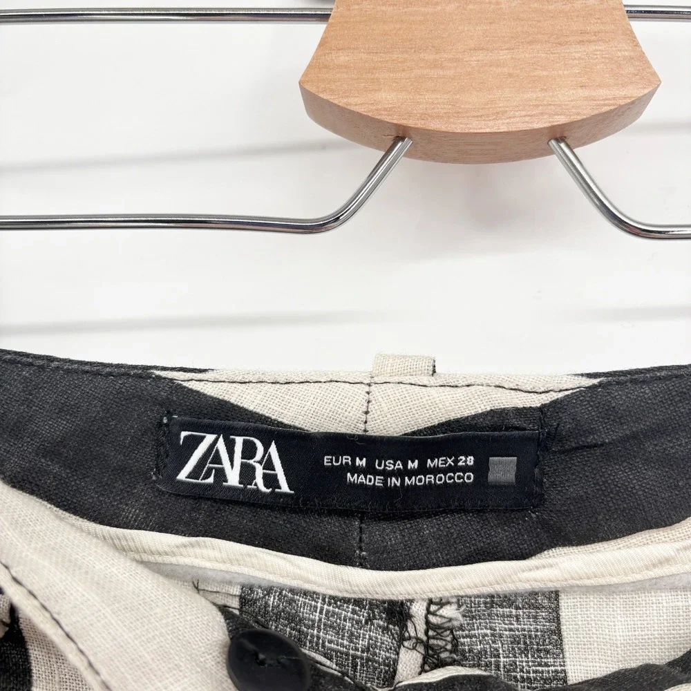 Zara Womens Black Cream Striped 100% Linen Coastal Straight Leg Pants Size M